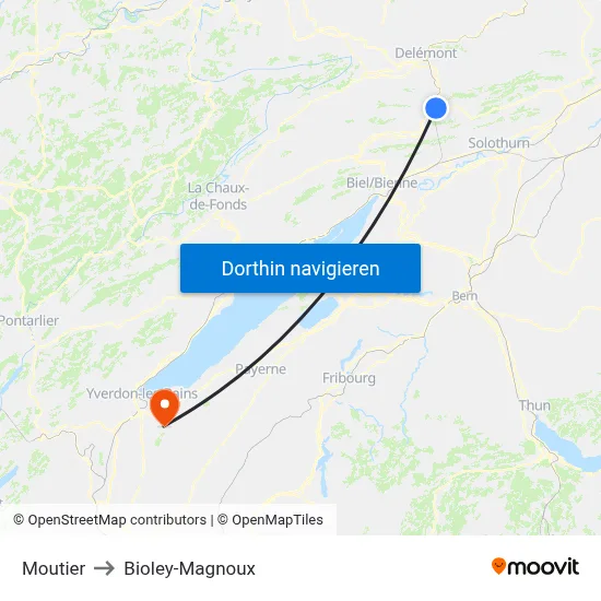 Moutier to Bioley-Magnoux map