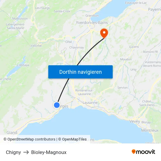 Chigny to Bioley-Magnoux map