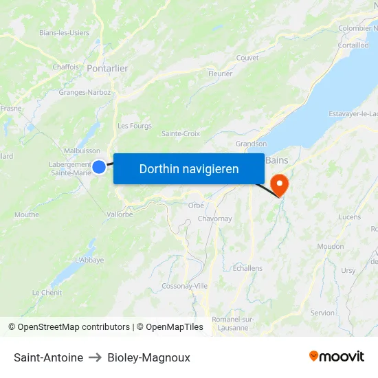 Saint-Antoine to Bioley-Magnoux map