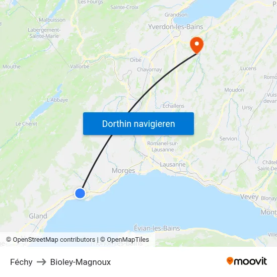 Féchy to Bioley-Magnoux map