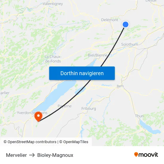 Mervelier to Bioley-Magnoux map