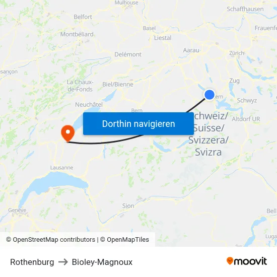 Rothenburg to Bioley-Magnoux map