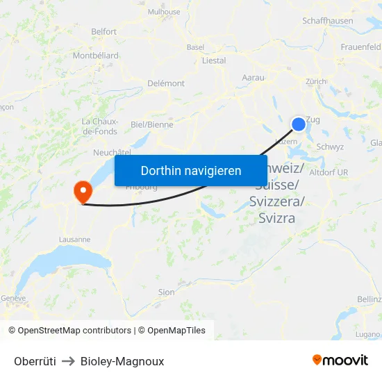 Oberrüti to Bioley-Magnoux map