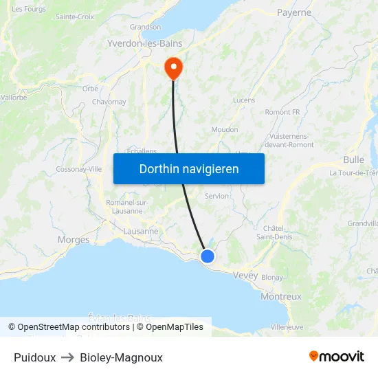 Puidoux to Bioley-Magnoux map