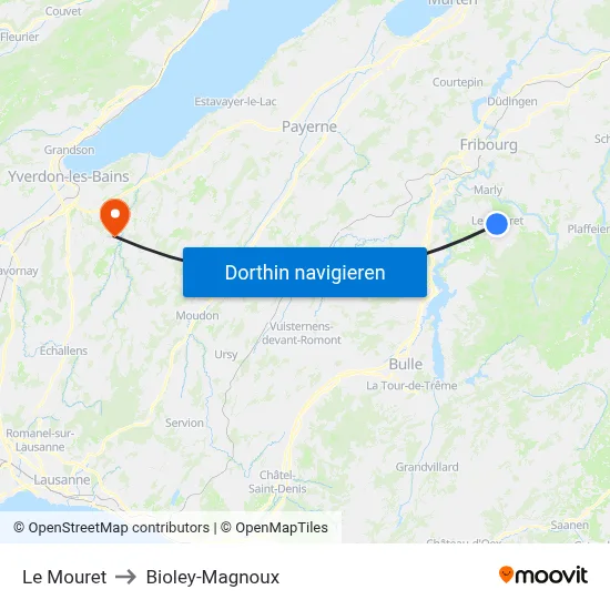 Le Mouret to Bioley-Magnoux map