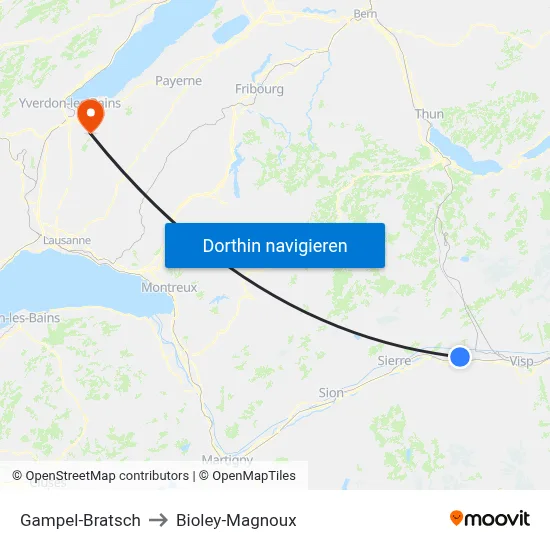 Gampel-Bratsch to Bioley-Magnoux map