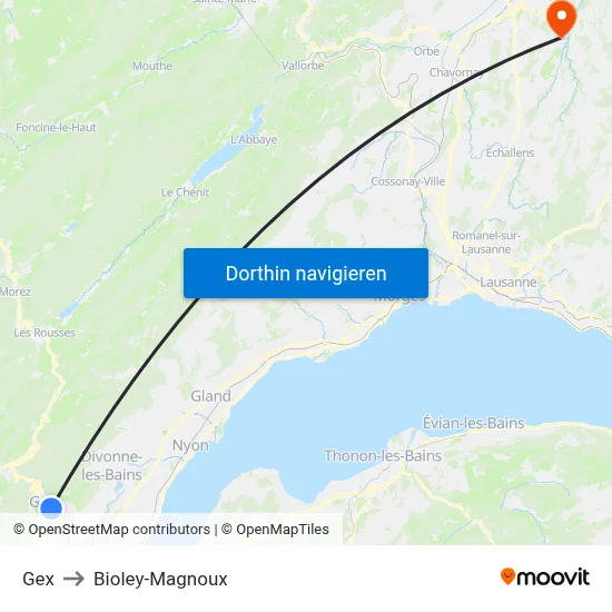 Gex to Bioley-Magnoux map