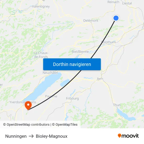 Nunningen to Bioley-Magnoux map