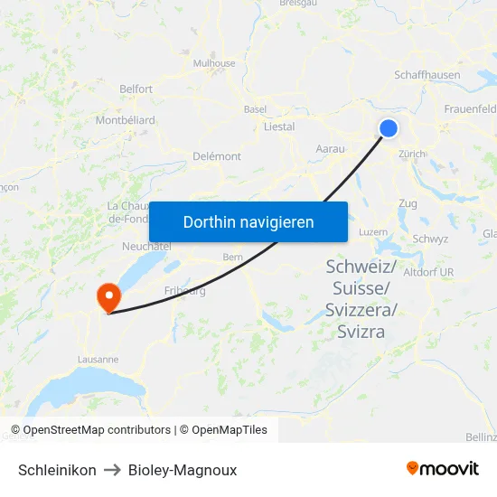 Schleinikon to Bioley-Magnoux map