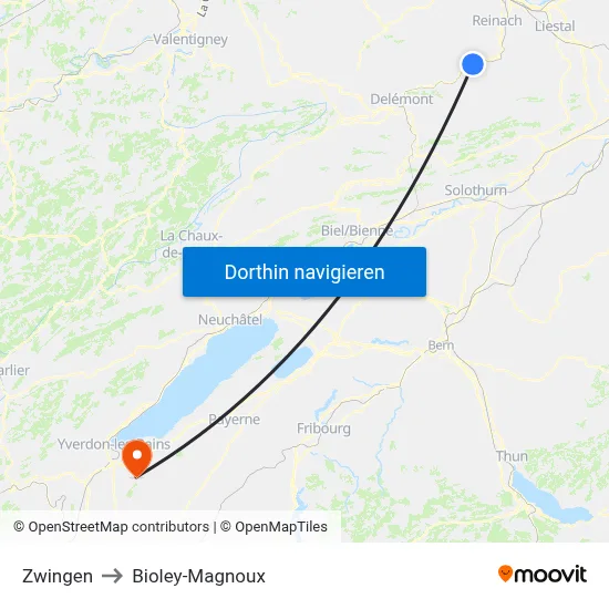 Zwingen to Bioley-Magnoux map