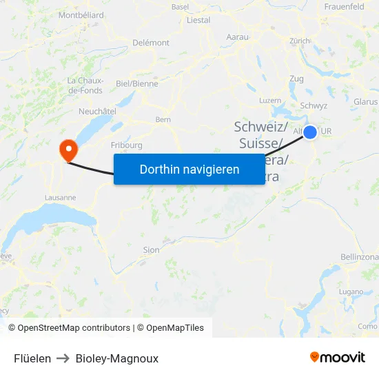 Flüelen to Bioley-Magnoux map