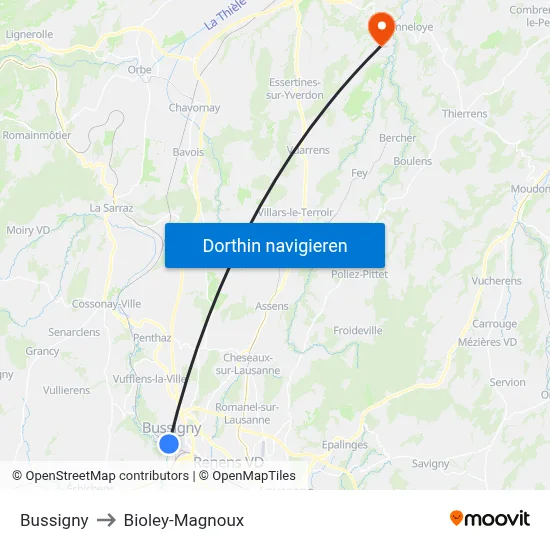 Bussigny to Bioley-Magnoux map