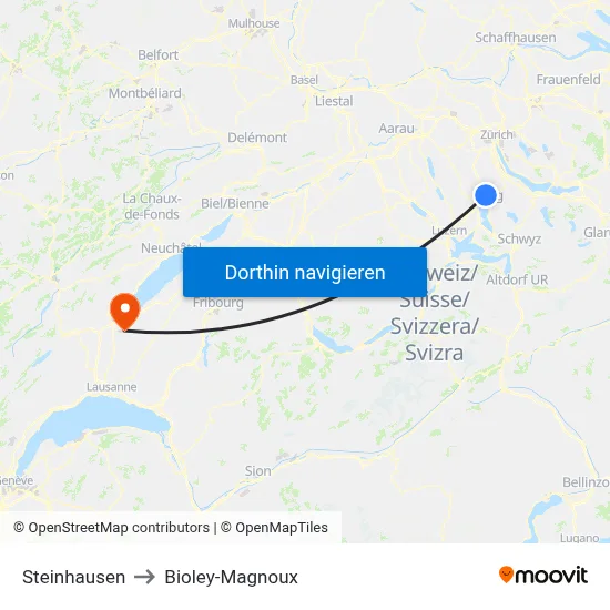 Steinhausen to Bioley-Magnoux map