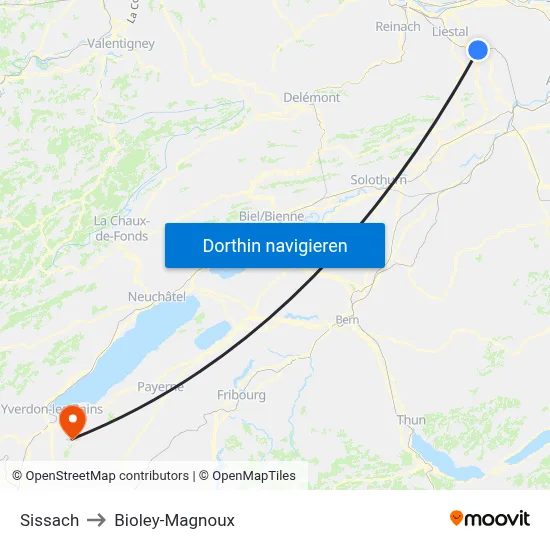 Sissach to Bioley-Magnoux map