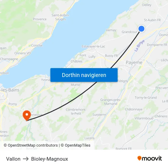 Vallon to Bioley-Magnoux map