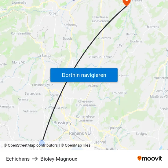 Echichens to Bioley-Magnoux map