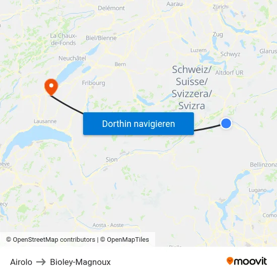 Airolo to Bioley-Magnoux map