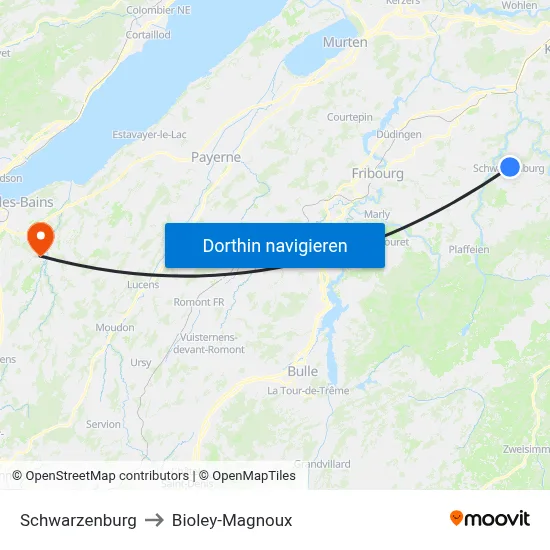 Schwarzenburg to Bioley-Magnoux map
