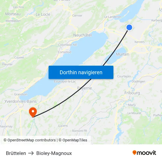 Brüttelen to Bioley-Magnoux map