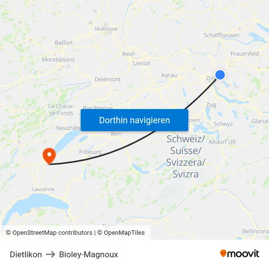Dietlikon to Bioley-Magnoux map