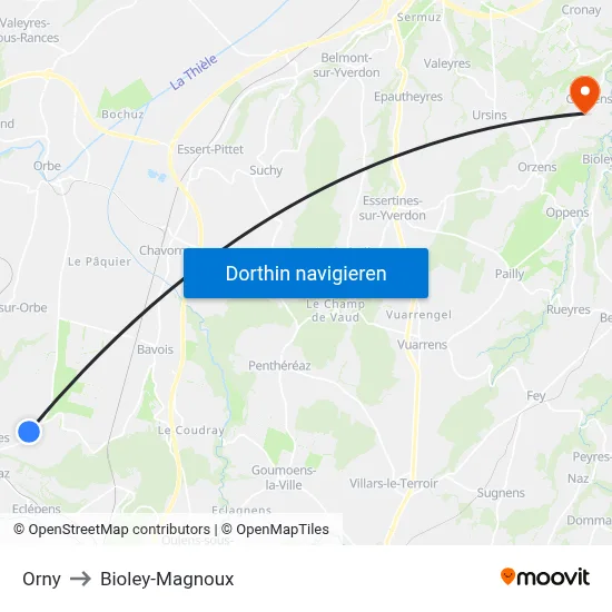 Orny to Bioley-Magnoux map