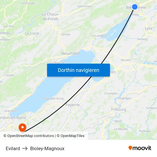 Evilard to Bioley-Magnoux map