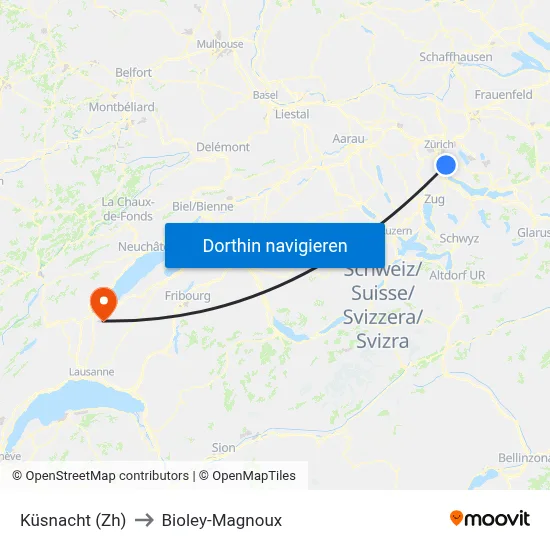 Küsnacht (Zh) to Bioley-Magnoux map