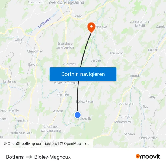 Bottens to Bioley-Magnoux map