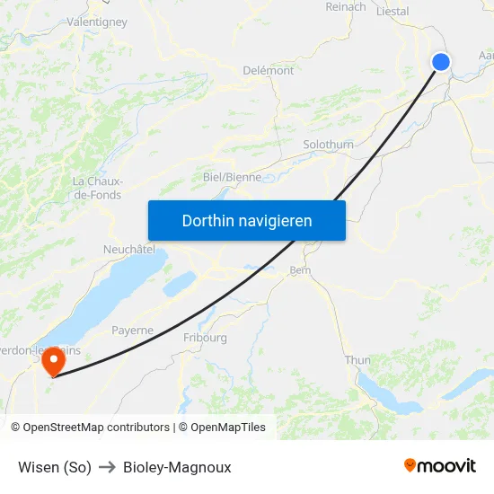 Wisen (So) to Bioley-Magnoux map