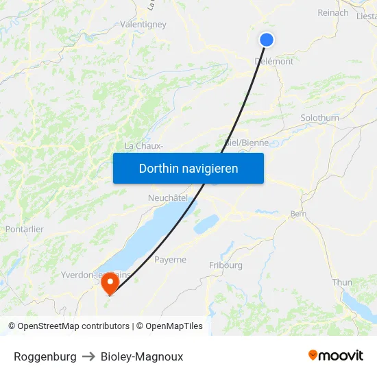 Roggenburg to Bioley-Magnoux map
