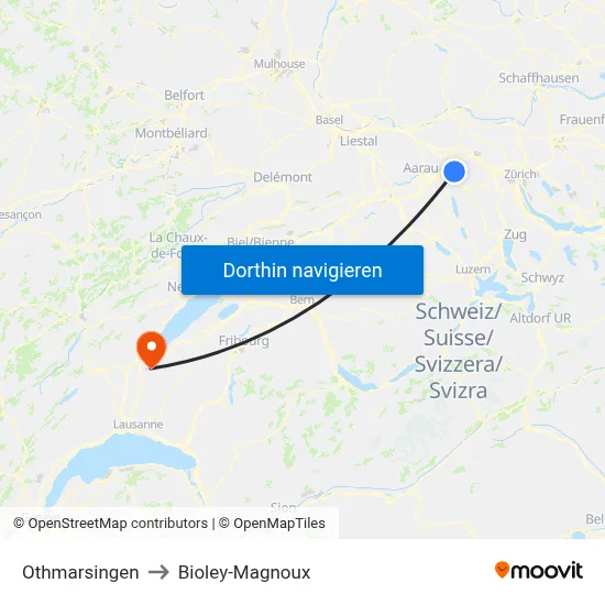 Othmarsingen to Bioley-Magnoux map