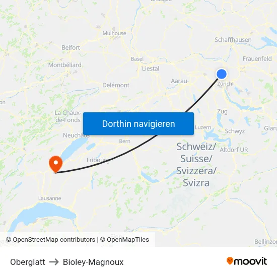 Oberglatt to Bioley-Magnoux map