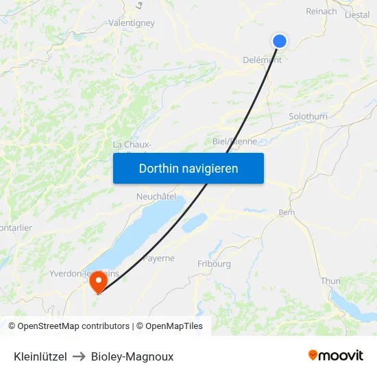Kleinlützel to Bioley-Magnoux map