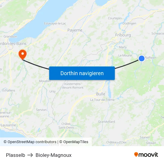 Plasselb to Bioley-Magnoux map