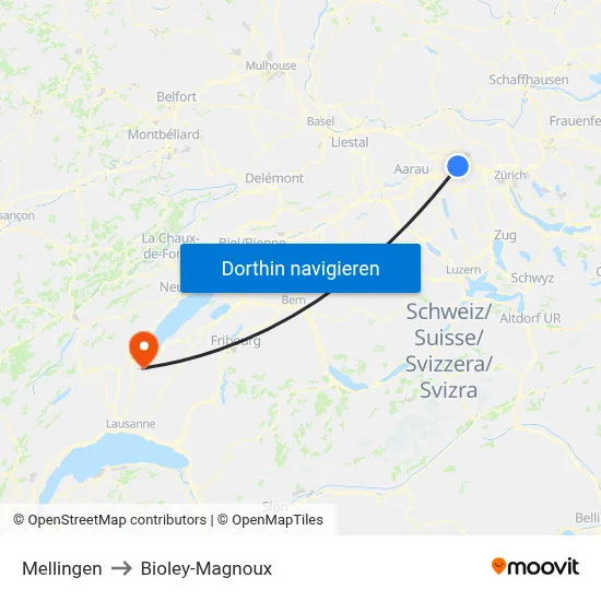 Mellingen to Bioley-Magnoux map