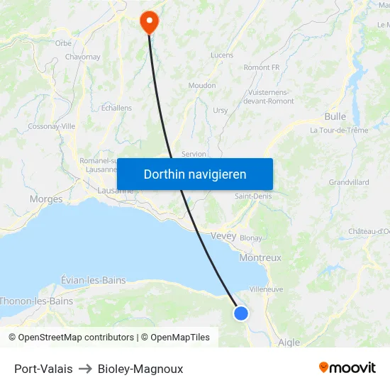 Port-Valais to Bioley-Magnoux map