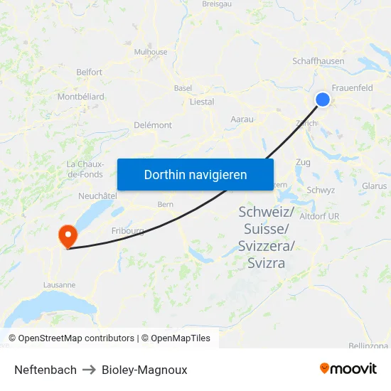 Neftenbach to Bioley-Magnoux map