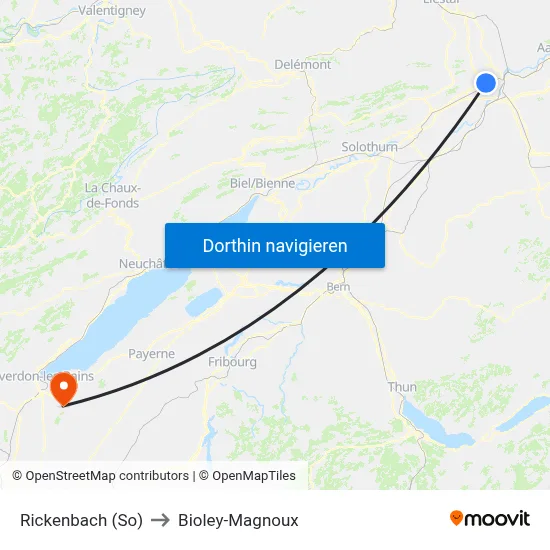 Rickenbach (So) to Bioley-Magnoux map