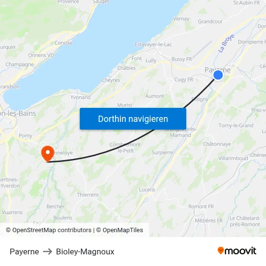 Payerne to Bioley-Magnoux map