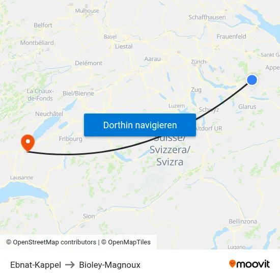 Ebnat-Kappel to Bioley-Magnoux map