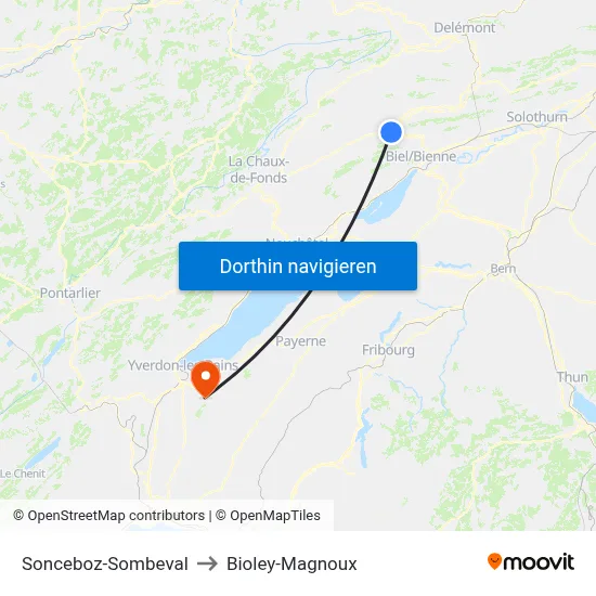 Sonceboz-Sombeval to Bioley-Magnoux map