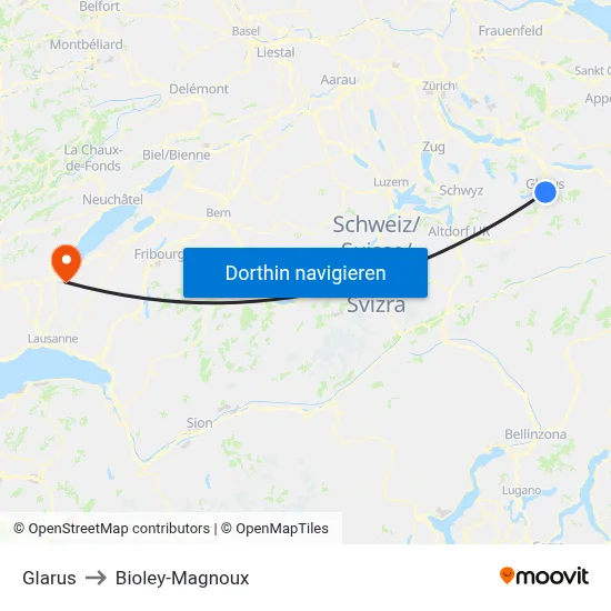 Glarus to Bioley-Magnoux map