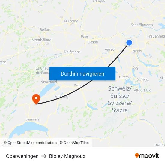 Oberweningen to Bioley-Magnoux map
