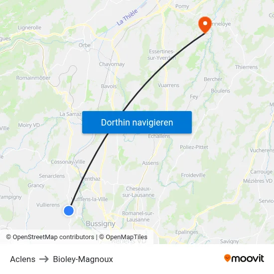 Aclens to Bioley-Magnoux map