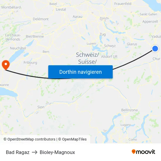 Bad Ragaz to Bioley-Magnoux map
