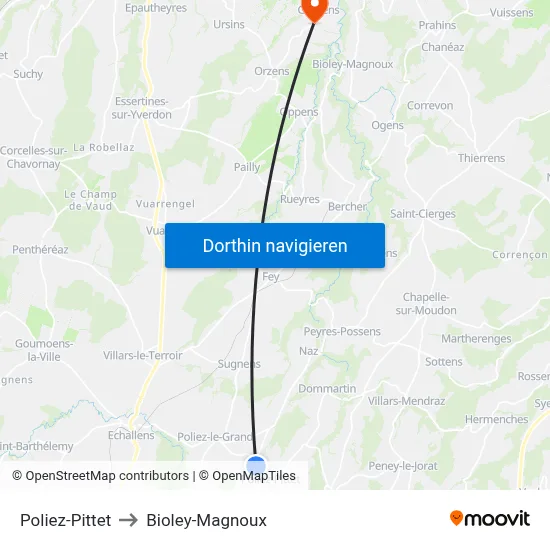 Poliez-Pittet to Bioley-Magnoux map