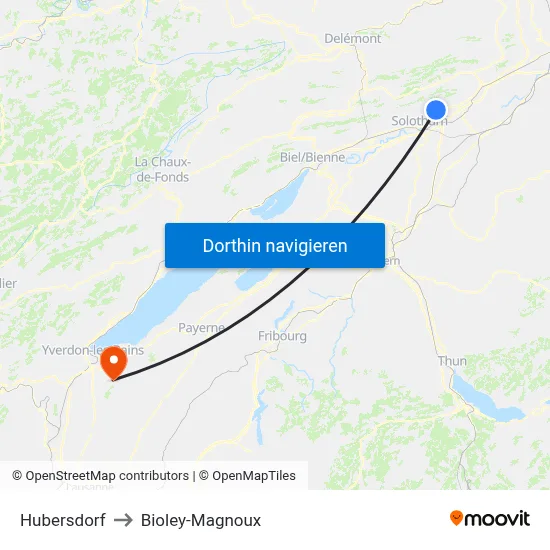 Hubersdorf to Bioley-Magnoux map