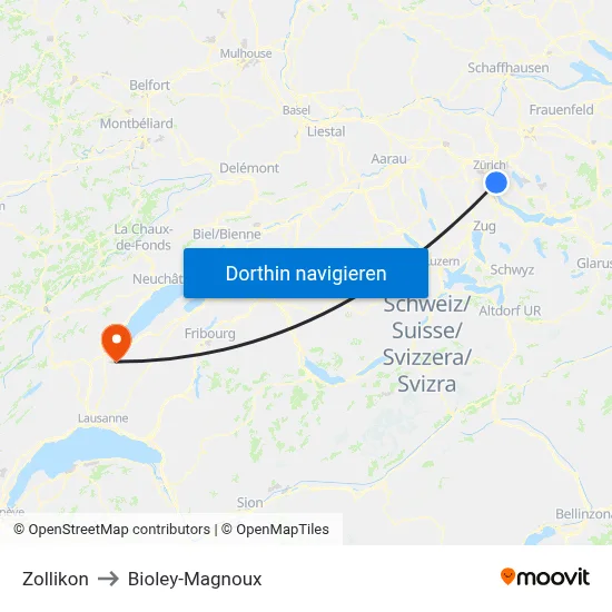 Zollikon to Bioley-Magnoux map