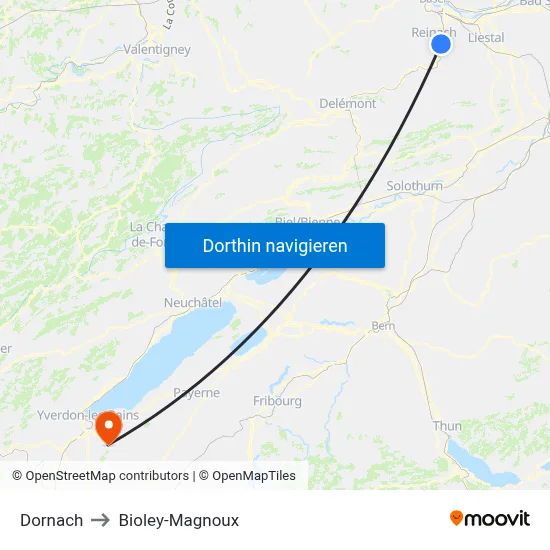 Dornach to Bioley-Magnoux map