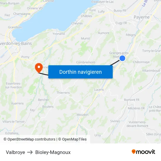 Valbroye to Bioley-Magnoux map